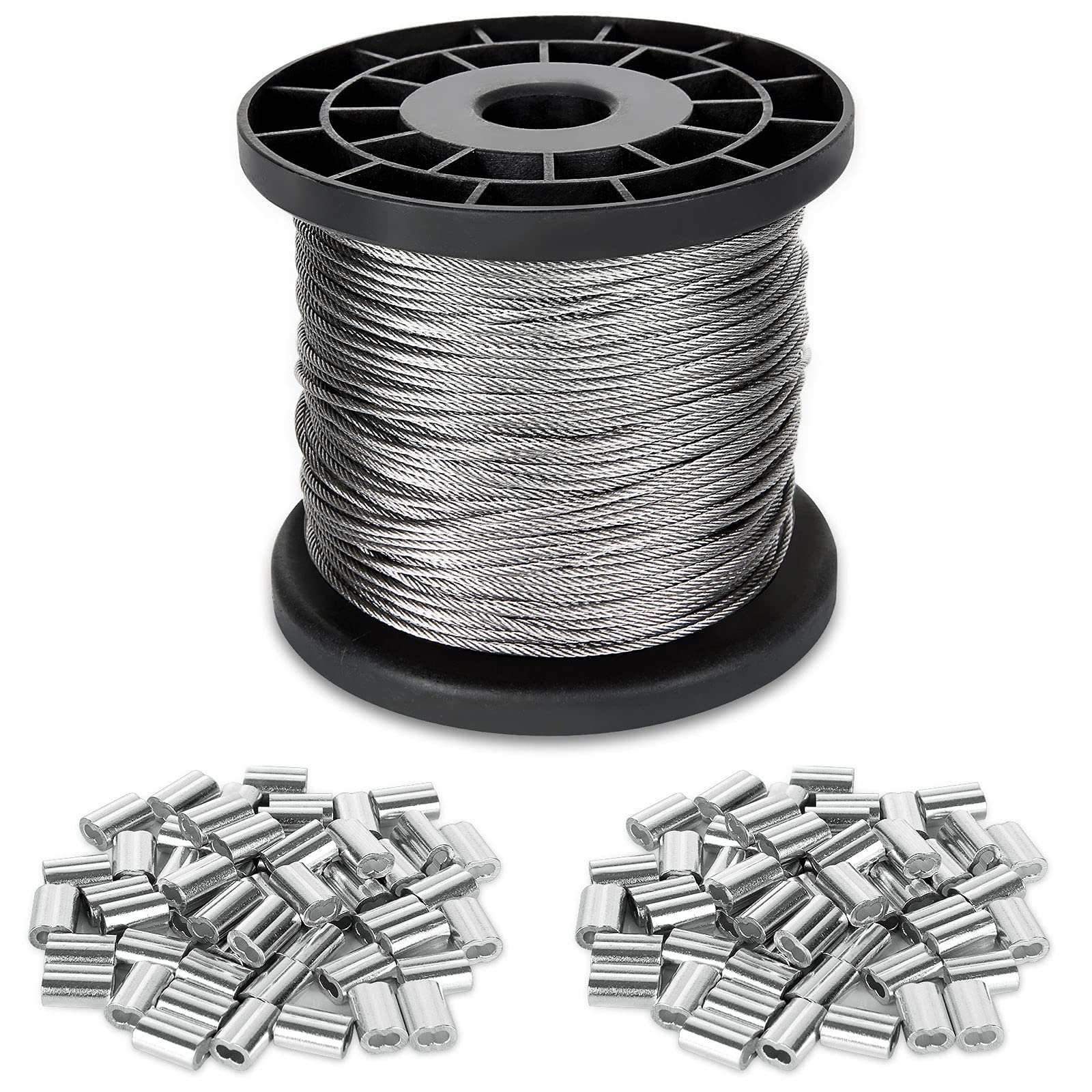 ShanQian 1/16 Wire Rope, 1.5mm Stainless Steel Cable, 100m/328Ft Metal Spool With 100PCS Aluminum Crimping Sleeves - Heavy Duty Picture Frame Hanging - 7x7 Strand Core