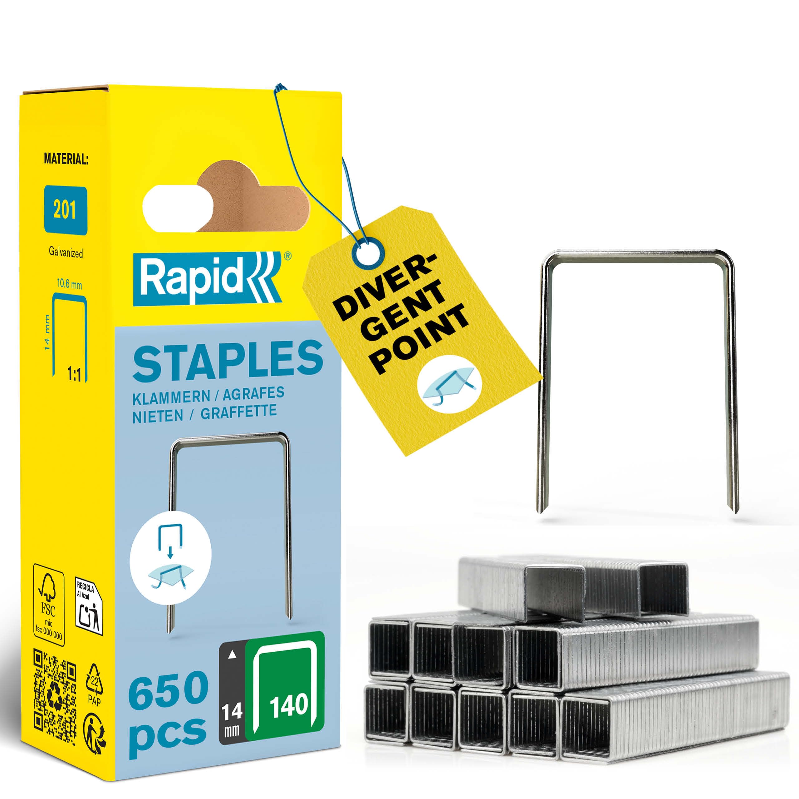 Rapid High-Performance Staples for Insulation, Thin Plastics, Cardboard and Carpets Flatwire No. 140, Leg Length 14mm, Staple Gun Staples, Galvanised Steel, 650 Pieces, Narrow Blister (40109576)