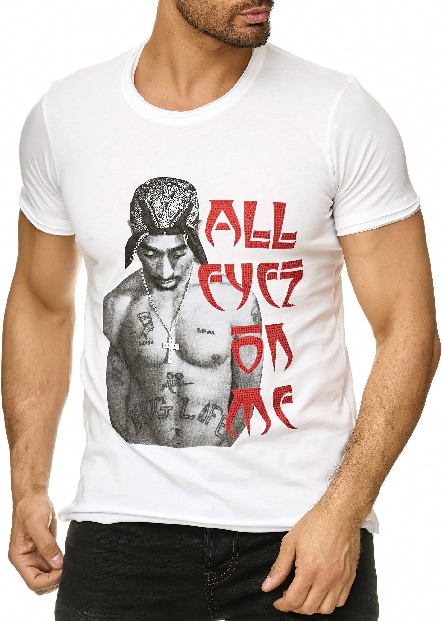 Red Bridge Men's T-Shirt 2Pac All Eyes On Me with Rhinestone Shirt
