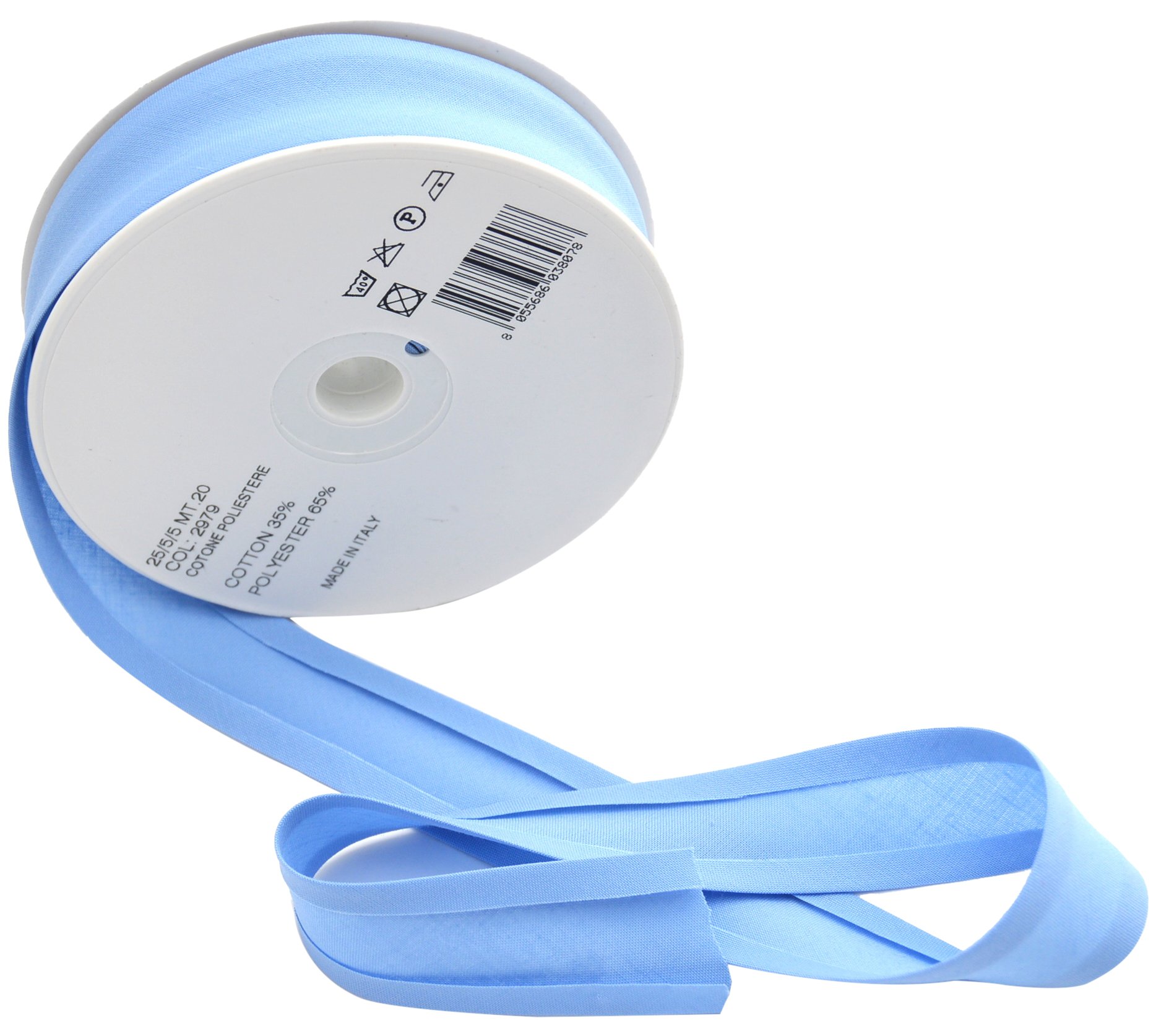 Inastri 25/5/5 mm Bias Binding-Col. 2979-POWDER BLUE-20m Roll, polycotton, Sky Blue