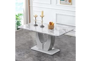 Ebullient Modern Faux Marble Dining Table for 6, Gray Rectangular Dining Table with U-Shape Pedestal Base, High Gloss Luxury 