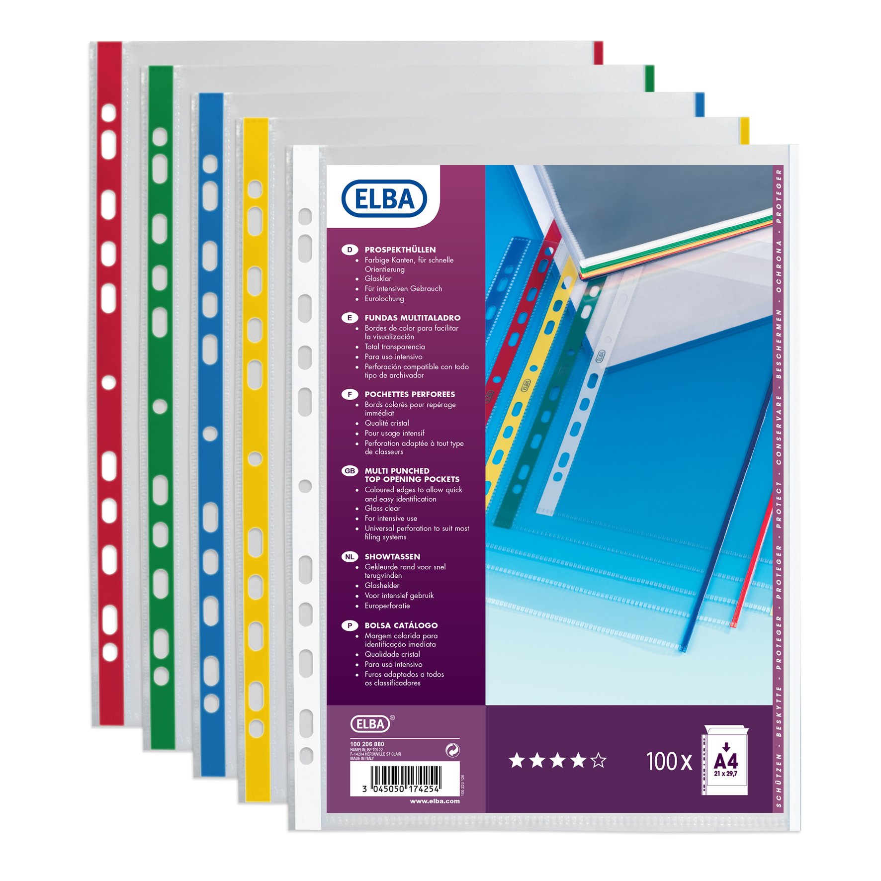 Elba 100206880 Punched Pockets A4 Polypropylene 9/100 Assorted Colours - Pack of 100