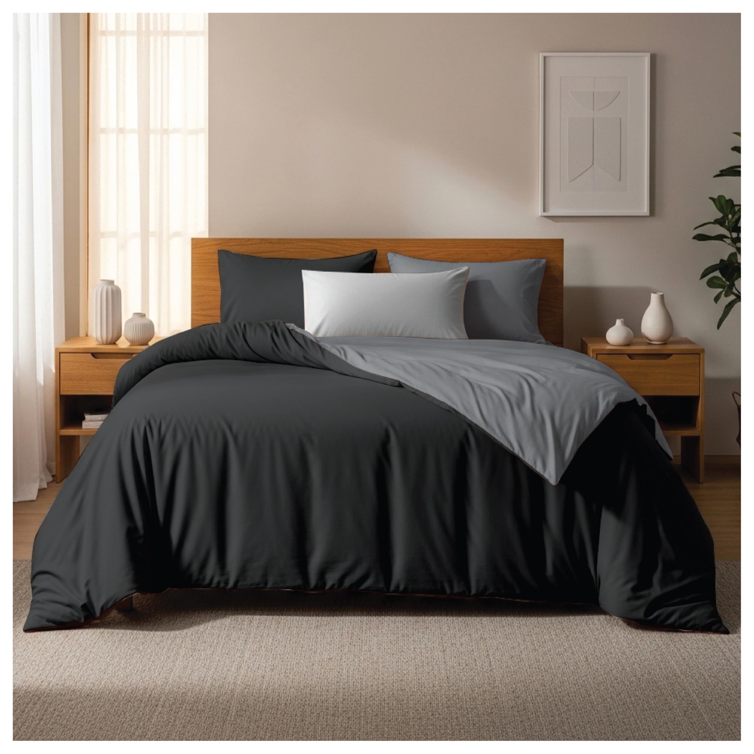 Home In Style 4U Single Duvet Cover Sets-Soft Microfiber Polyester Plain Dyed Reversible Duvet Sets with Pillow cases - Bedding Quilt Cover Set (Single, Grey & Black)