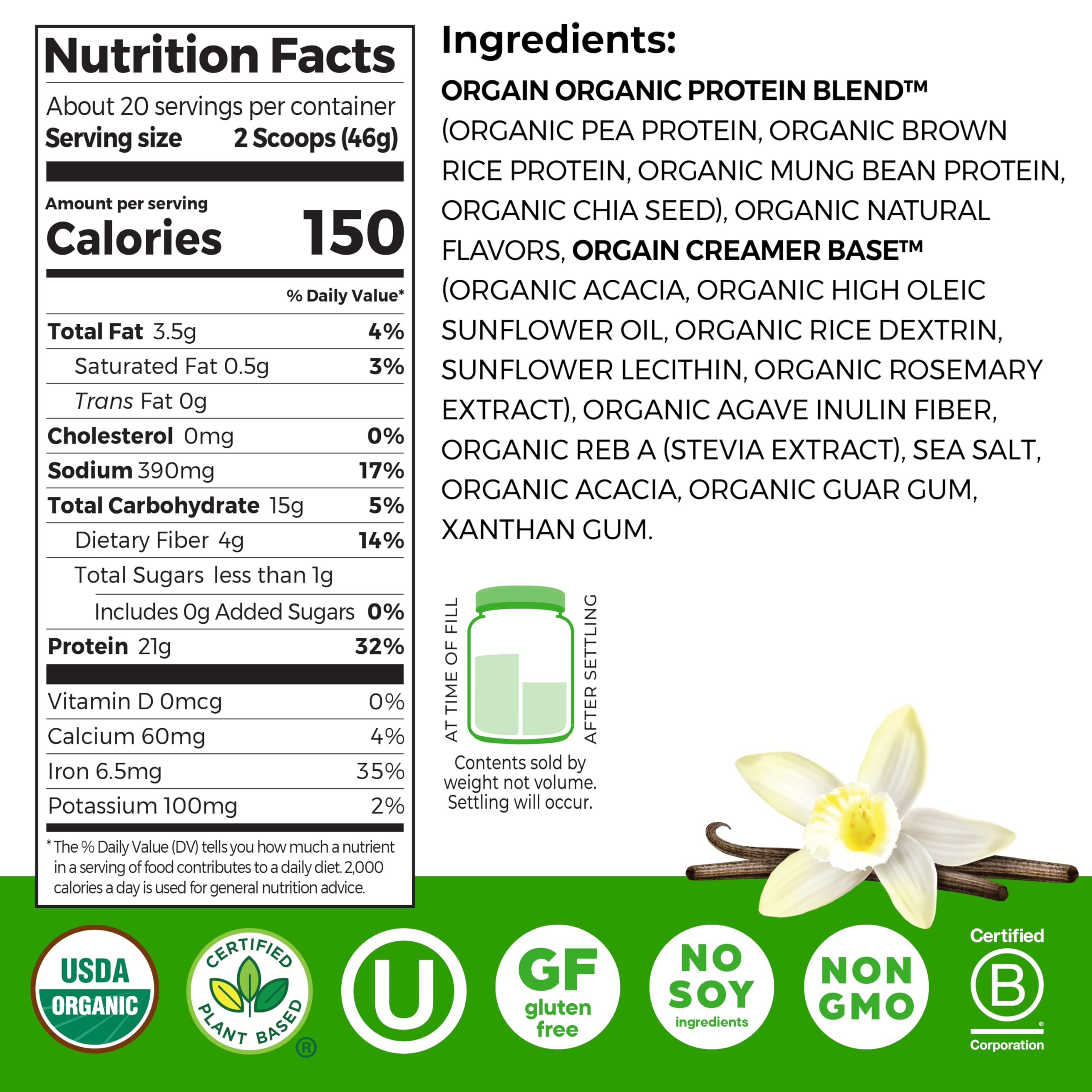 Orgain Organic Vegan Protein Powder, Vanilla Bean - 21g Plant Protein, 6g Prebiotic Fiber, No Lactose Ingredients, No Added Sugar, Non-GMO, For Shakes & Smoothies, 2.03 lb (Packaging May Vary)