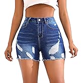 THUNDER STAR Stretchy Jean Shorts for Women Mid Rise Distressed Denim Shorts Ripped Casual Summer Shorts