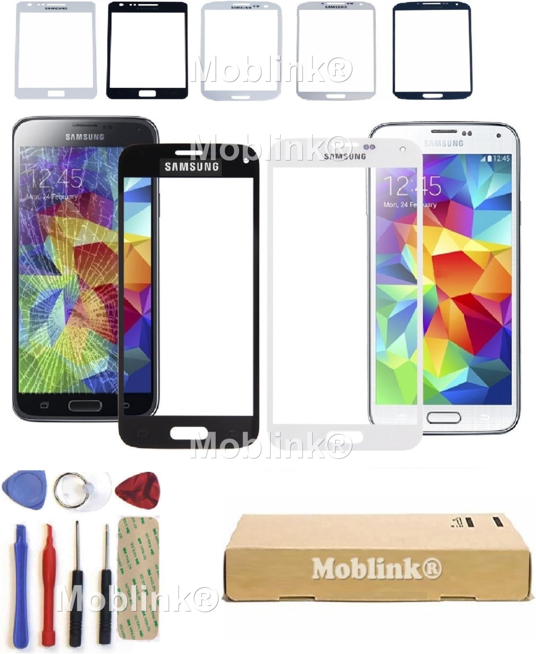 Moblink Replacement Front Outer Glass Screen Lens For Samsung Galaxy S3 -S4 - S5 - Mini - NOTE 1 2 3 - Tools Included (Galaxy S4, Black)