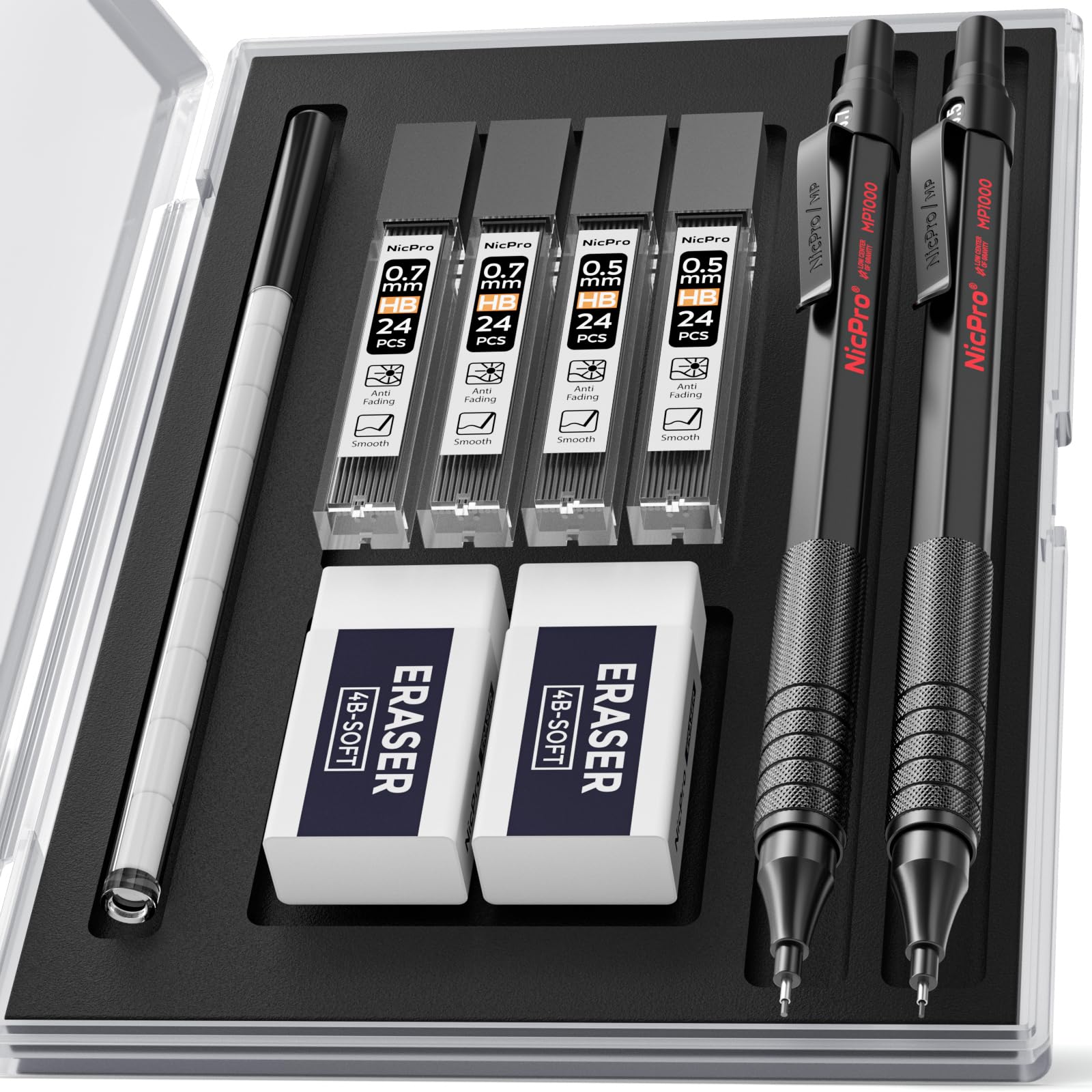 Nicpro 2 PCS Mechanical Pencil 0.5mm & 0.7 mm with Case, MP1000 Metal Artist Pencil Set with 4 Tubes HB Lead Refills, 2 Erasers, 9 Eraser Refills For Art Writing Drafting, Drawing, Sketch, Black — image 1