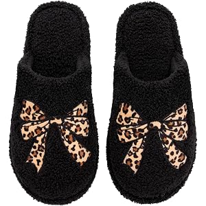 HomeTop Women Slippers Bow Slip On Indoor House Shoes | Cute,Fuzzy,Warm,Leopard print,Gifts,Memory Foam,Non-Slip,Soft,Comfort