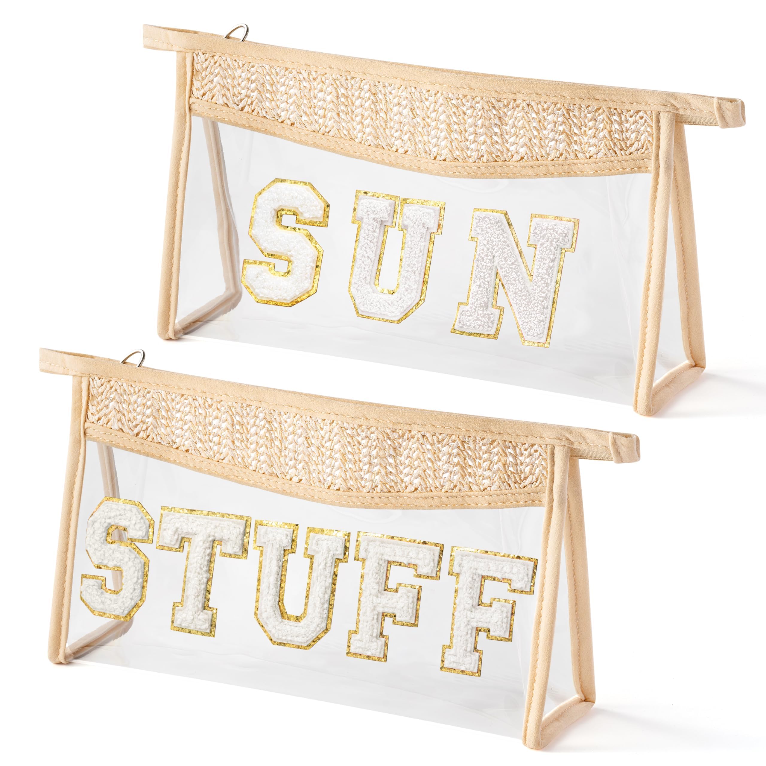 Photo 1 of Belanttega Boho Patch Cosmetic Bags - Summer 2Pcs White SUN STUFF Chenille Varsity Letter Clear Toiletry Kit Waterproof Portable Makeup Bag PVC Clutch Purse Travel Toiletry Pouch for Women Girls