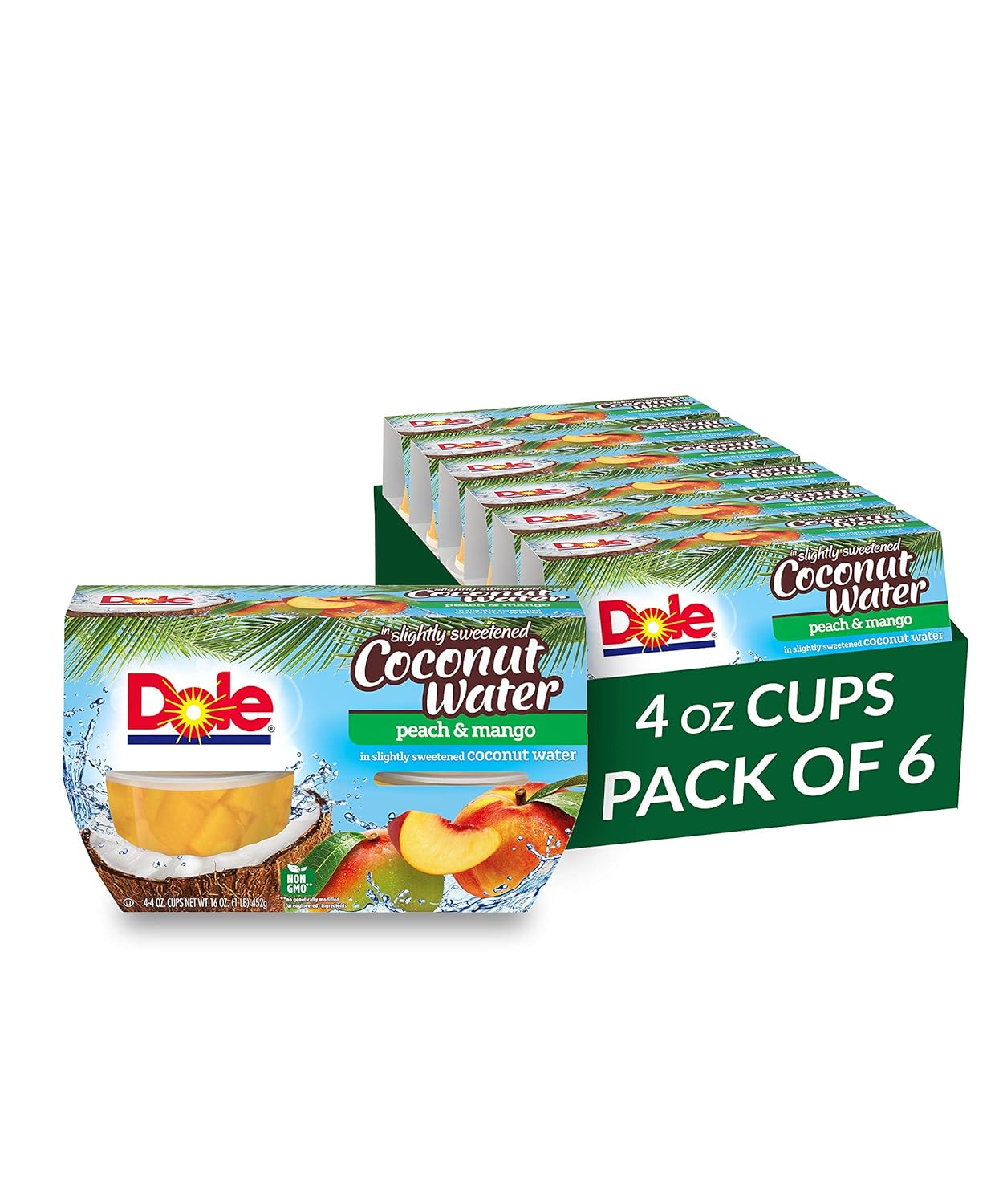 Dole Fruit Bowls, Peach & Mango in Slightly Sweetened Coconut Water, 4 Count, 4 Ounce Cups (Pack of 6) - 24 Total Cups