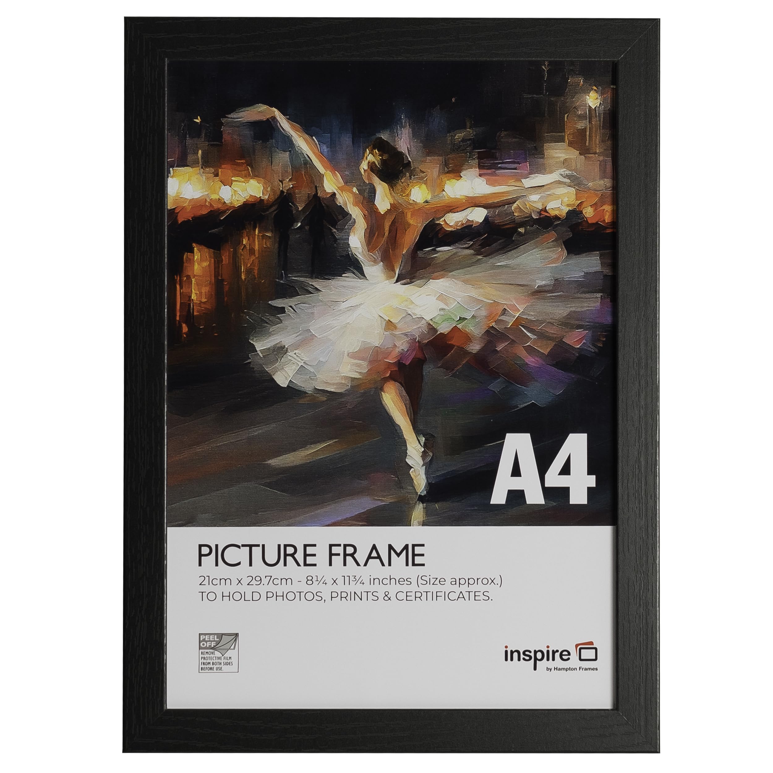 inspire by Hampton Frames | CAMBRIDGE A4 Photo Frame, Black, 21x30cm, Engineered Wood, Acrylic Front | Freestanding or Wall Mount, Drop-In Back | Modern Home Décor Display