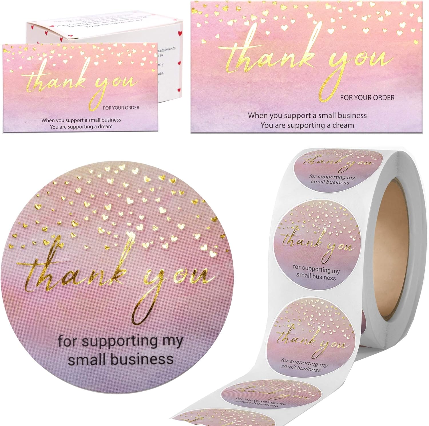 Modern 5th - 500PCS Thank You for Supporting My Small Business Cards and Stickers Set, Watercolor with Gold Foil Hearts (3.5x2 inches 100pcs Cards and 1.5" Round 400pcs Stickers) for Package Inserts: Kitchen & Dining