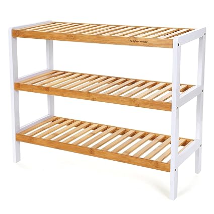 SONGMICS Bambus Schuhregal 3 Ebenen Badregal H x B x T: ca. 55 x 70 x 26 cm Schuhschrank für 12 Paar Schuhe Schuhständer weiß