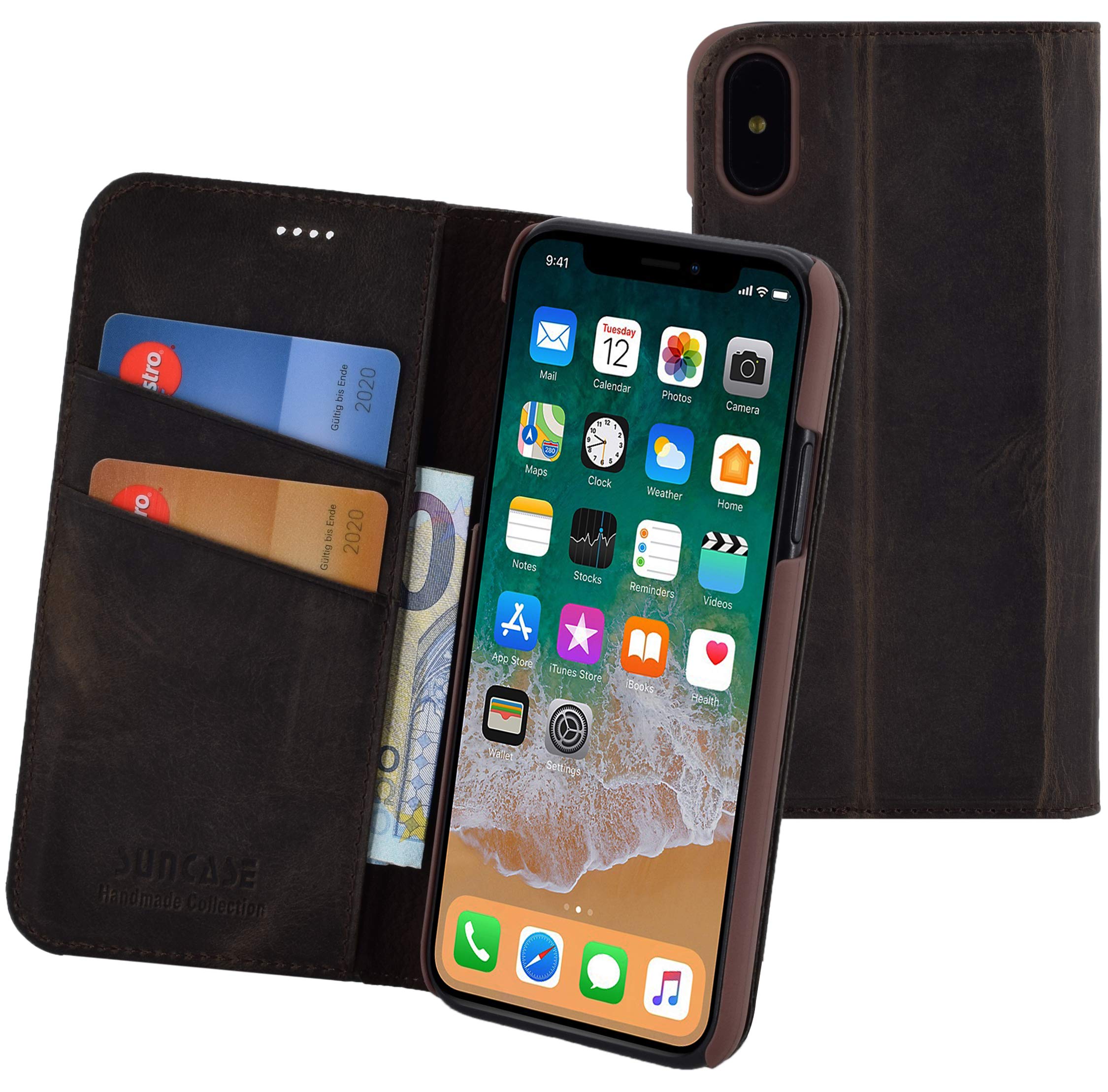 Suncase Handmade Book-Style Case Compatible with iPhone X / XS (5.8 Inches) Genuine Leather Case Protective Wallet Case Cover Antique Brown