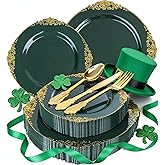 Joyido 125PCS Green and Gold Plastic Plates - Fancy Green Disposable Plates - Vintage Plate with Gold Plastic Silverware Set for 25 Guests for Party Wedding St. Patrick's Day