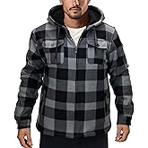 Genafy Men's Flannel Jacket Hoodie Full Zip Up Plaid Thick Fleece Sherpa Lined Sweatshirt Winter Warm Coats