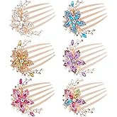inSowni 6 Pack Luxury Glitter Sparkly Jeweled Gems Rhinestones Decorative Gold Metal Hair Side Combs Slides with Teeth Hair Bun Clips Updo Accessories Crystal Flower Hair Pin Barrettes for Women Girls