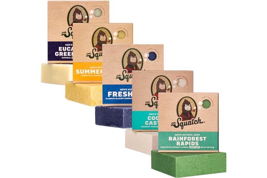 Dr. Squatch Natural Bar Soap for Men Variety Gift Set – Cold Process Soap No Harsh Chemicals – Rainforest Rapids, Coconut Castaway, Fresh Falls, Summer Citrus & Eucalyptus Greek Yogurt (5 oz, 5-Pack)