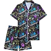 PASHOP Boys Pajamas Boys Satin Pajamas Set Summer Short Sleeve Button-Down & Shorts Pjs Kids Boy Silky Pajama Size 8-14