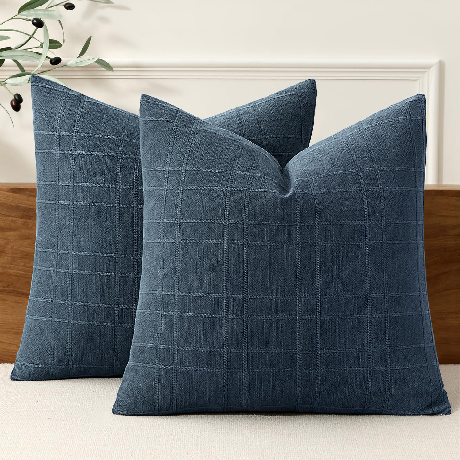 Photo 1 of **SHOWS SIGNS OF USAGE** MIULEE Decorative Linen Check Throw Pillow Covers Neutral Farmhouse Vintage Pillow Covers 20x20 Set of 2 Boho Modern Home Decor for Sofa Couch Bedroom Cushion Deep Blue