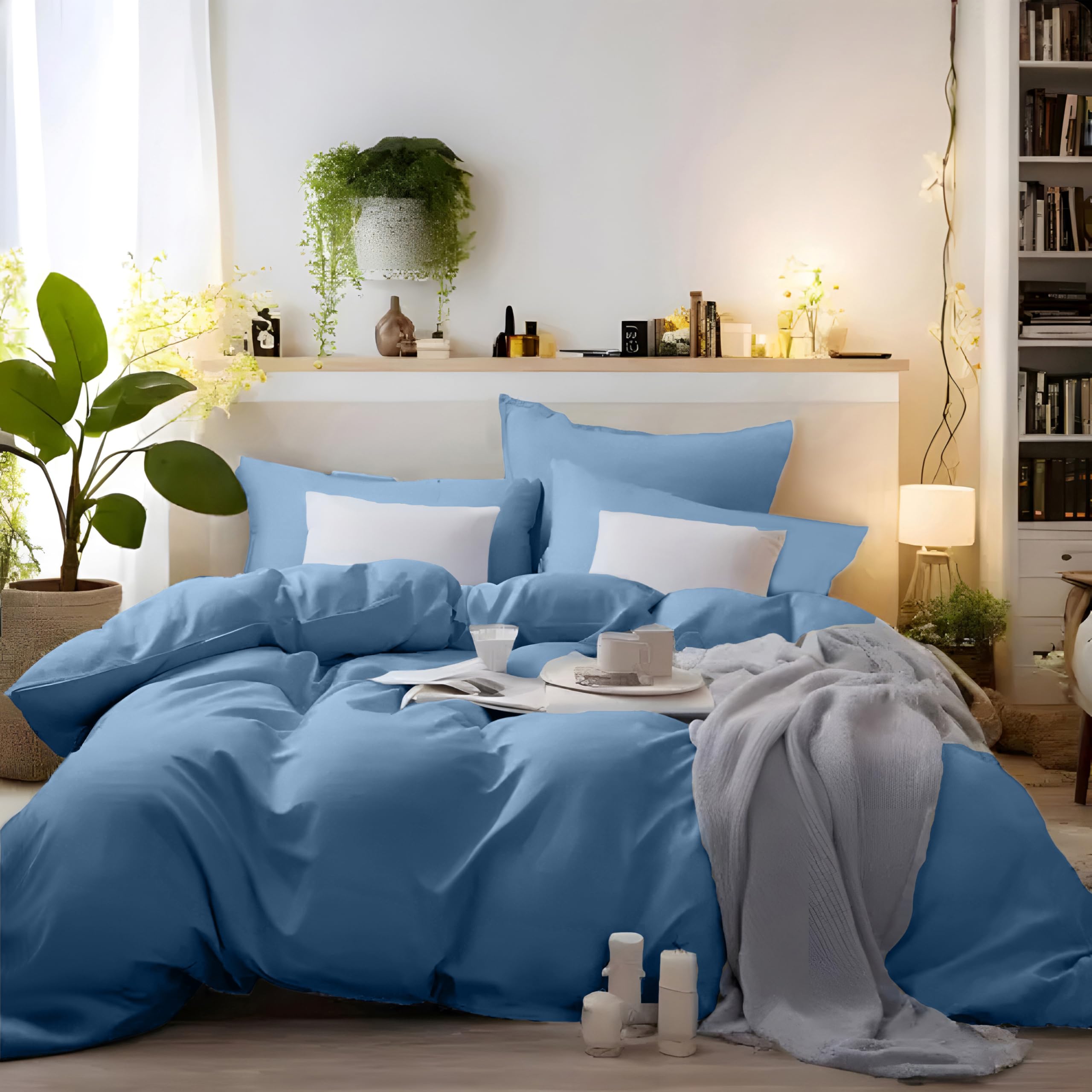 MOHAP Bedding Double Duvet Cover Set 3 PCS Plain Brushed Microfiber Bedding 1 Duvet Cover with 2 Zippers and 2 Pillowcases Denim Blue