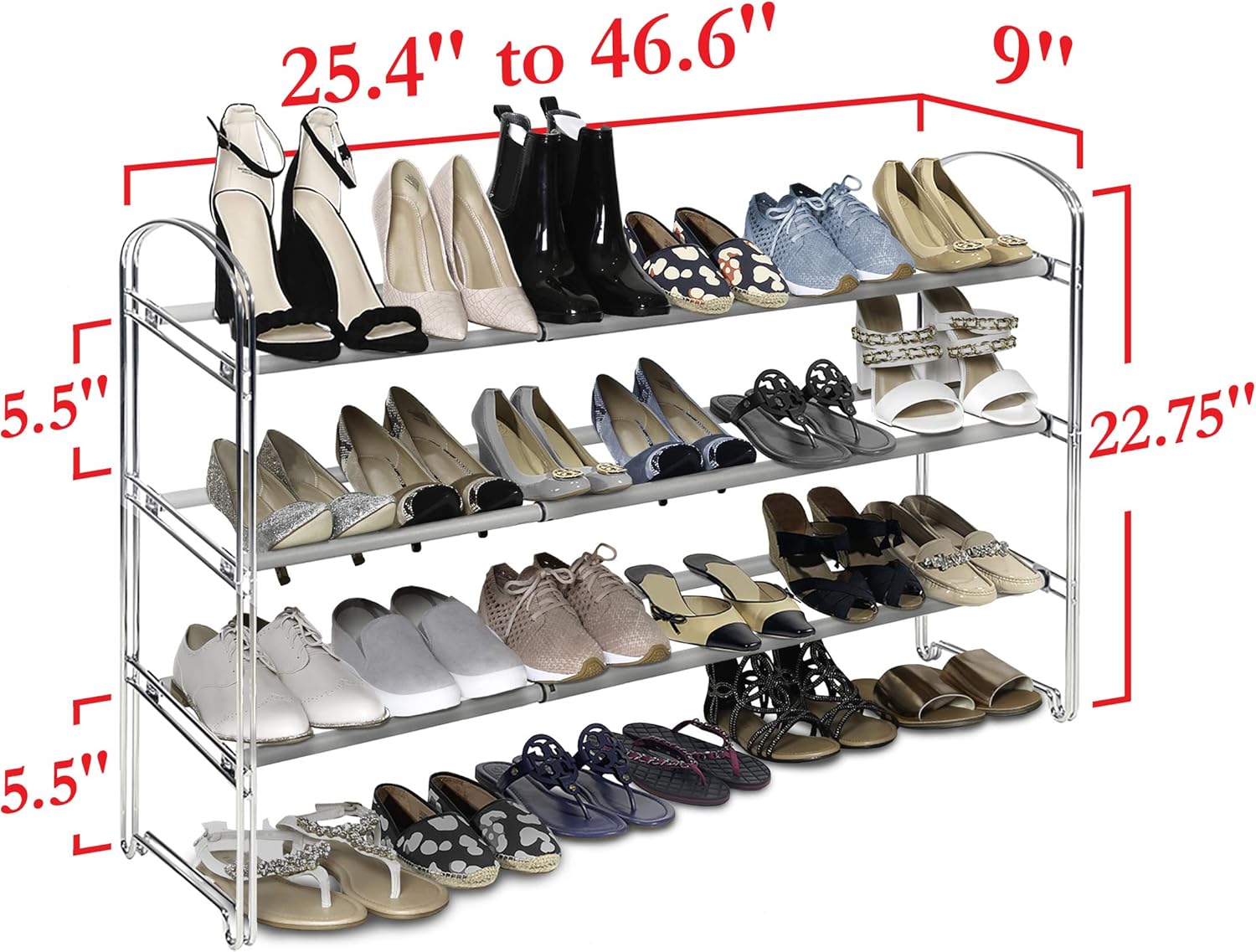 Seville Classics 3-Tier Expandable 24-Pair Shoe Rack Non-Slip Metal Freestanding Closet, Entryway, Bedroom Footwear Organizer, Chrome Poles: Home & Kitchen