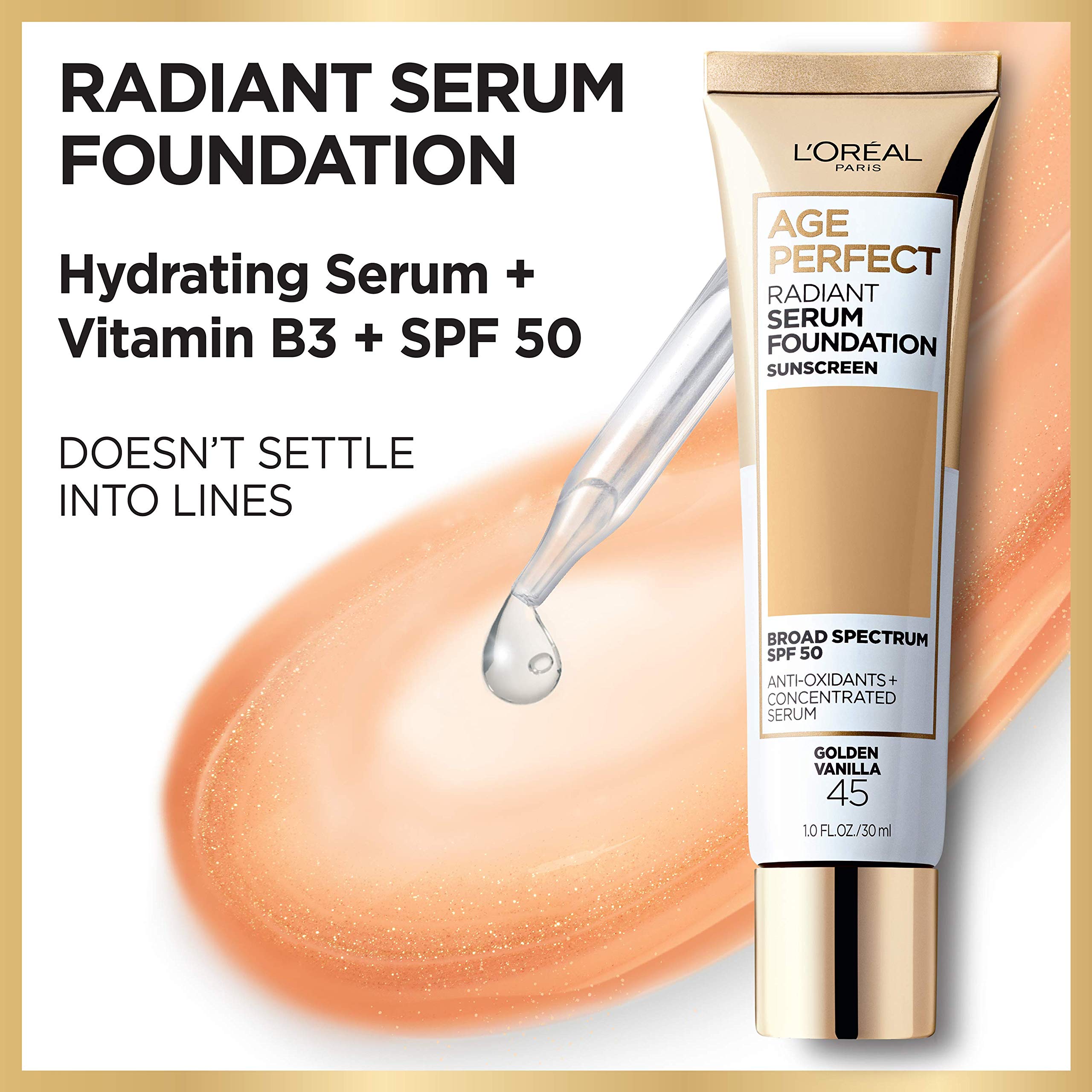 L'Oreal Paris Radiant serum foundation with spf 50, vitamin b3, and hydrating serum by age perfect cosmetics, Golden Honey, 1 Fl Oz