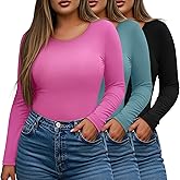 Evervibe 3 Pack Women's Plus Size Shirts Tops Scoop Neck Long Sleeve Tee Slim Fitted Stretchy Casual Basic Fall Winter Blouse