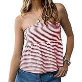 SHBECYDE Women Ruffle Hem Striped Bandeau Tube Tops Y2k Strapless Sleeveless Peplum Flowy Blouse Shirts Summer Going Out Tank