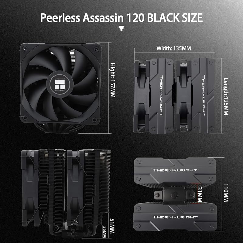 Peerless Assassin 120 Black CPU Air Cooler, 6 Heat Pipes, Dual 120mm TL-C12B PWM Fan, Aluminio Heatsink Cover, AGHP Technology, para AMD AM4 AM5/Intel LGA 1700/1150/1151/1200/2066/2011
