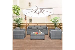 Lviden 4 Piece Wicker Patio Furniture Sets Outdoor Conversation Set PE Rattan Sectional Sofa Couch with Storage Table and Grey Cushions