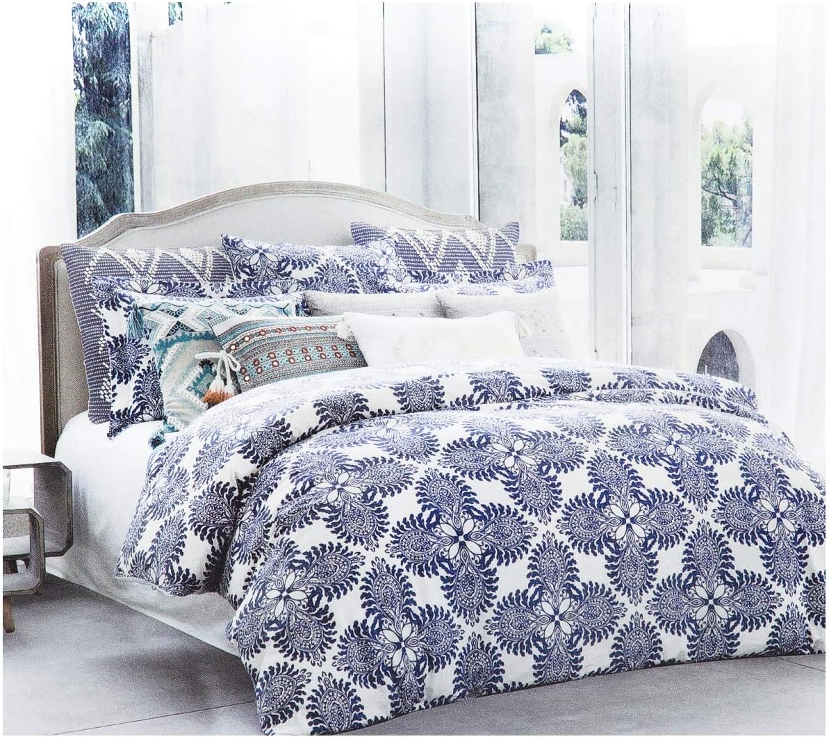 Envogue Home Stone Washed Flax Linen Duvet Quilt Cover Pure Genuine Linen Luxury 3pc Bedding Set Vintage Italian Damask Scroll Medallion Print Stonewashed Natural Taupe Grey (Queen, Navy Blue)