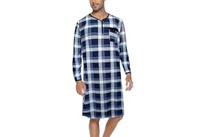 Yukiuiny Men's Plaid Long Sleeve Nightshirt Knee-Length Sleepwear with Chest Pocket Sleepwear