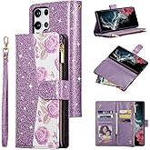 UEEBAI Wallet Case for Samsung Galaxy S25 Ultra 5G, PU Leather Wallet Magnetic Closure Handbag Zipper Pocket Cover Kickstand Card Slots with Hand Strap Rose Flip Case for Women - Bling Purple
