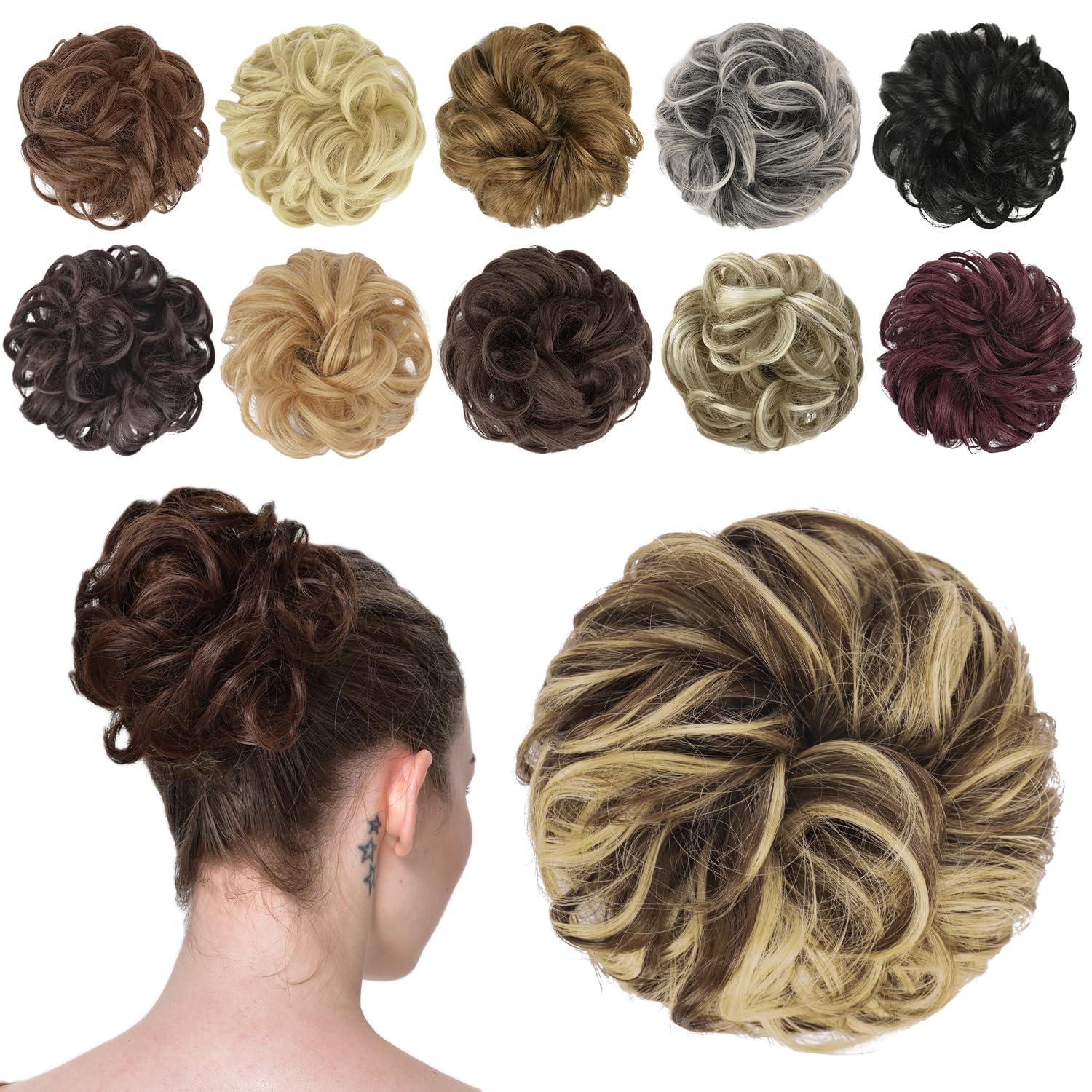 FESHFEN Messy Bun Hair Pieces - Wavy Curly Elastic Hair Bun Scrunchies Ponytail Extensions Synthetic Accessories Chignon Hairpieces for Women, Light Brown & Blonde 42 g