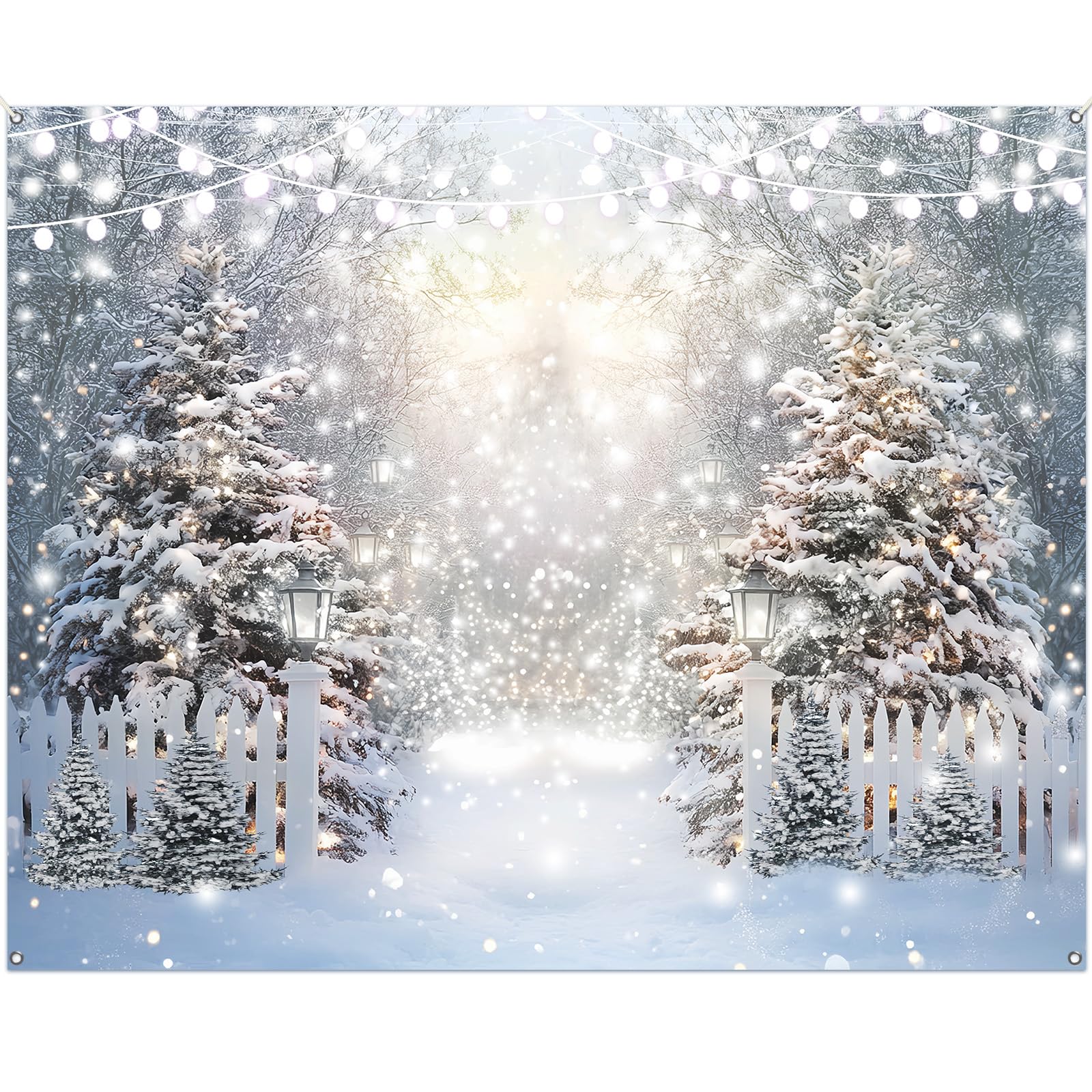 Photo 1 of 10x8FT Winter Forest Scene Photography Backdrop Snowy Forest Landscape Background Family Holiday Party Decorations Supplies Snowflake Banner Portrait Studio Photo Booth Props Decor
