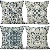 Vie Savaran Boho Navy Blue Throw Pillow Covers 18"x18" Set of 4, Bohemian Cushion Covers Vintage Moroccan Floral Pillowcase for Couch Sofa Bed Chair Living Room Garden Patio Indoor Outdoor Decorative