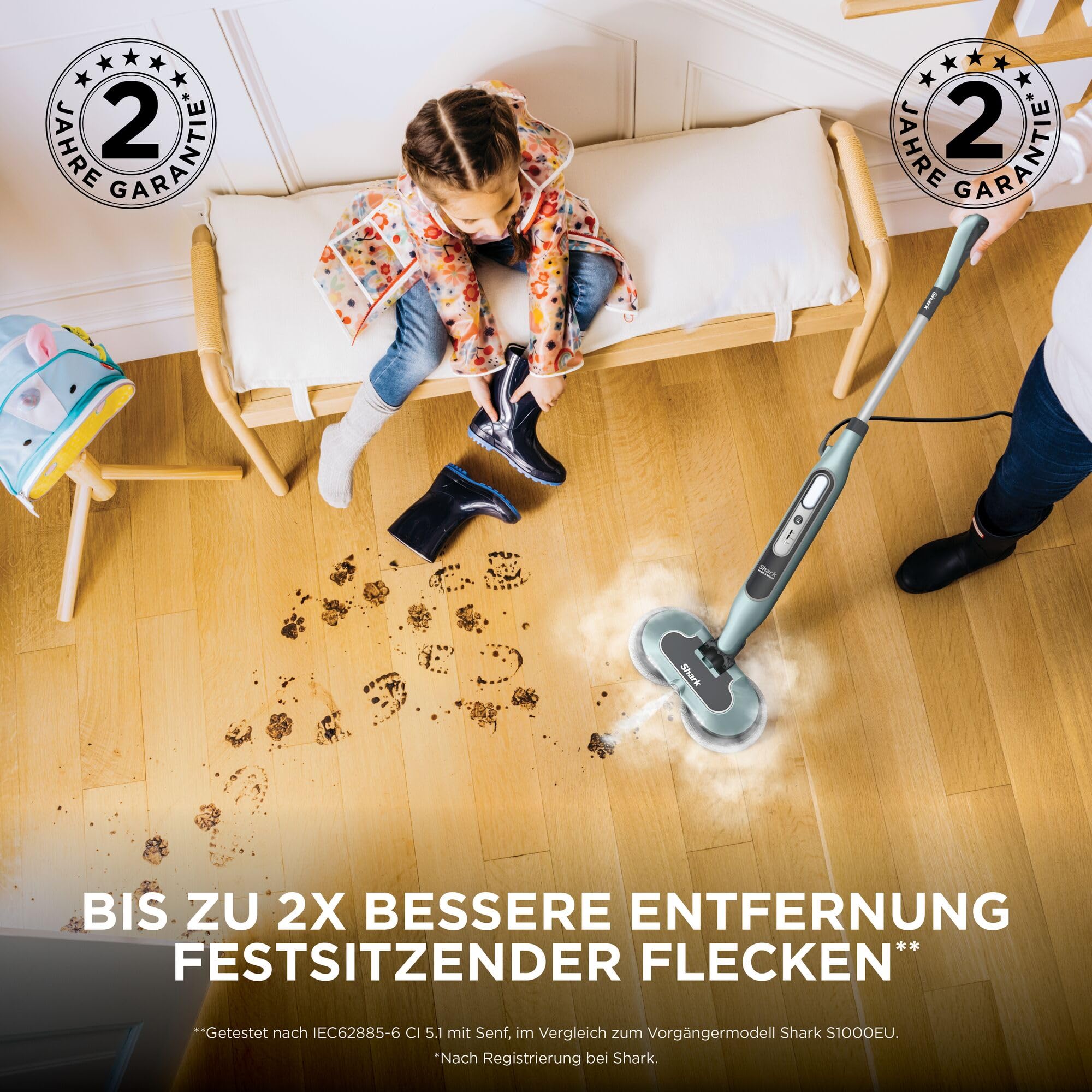 Shark Dampfreiniger Mop, automatisch, mit Steam Blaster, 6 Schmutzfänger-Pads, 3 Dampfstufen, bei Flecken und Schmutz, hygienische Reinigung für versiegelte Hartböden, 8m Kabel, Salbei-Grün, S8201EUCP 3