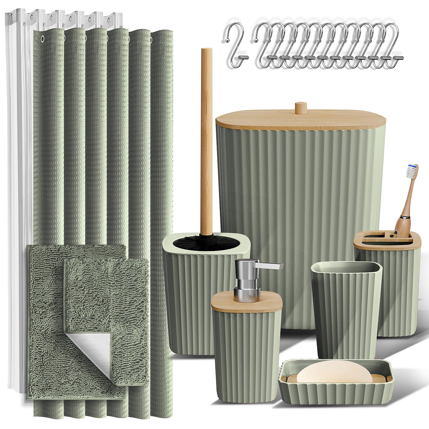 Photo 1 of ****ONLY 3 PCS*****Clara Clark Bathroom Accessories Set - Bathroom Set, Bathroom Sets with Shower Curtain and Rugs, Shower Curtain Set with Trash Can - Sage Green - 22PC