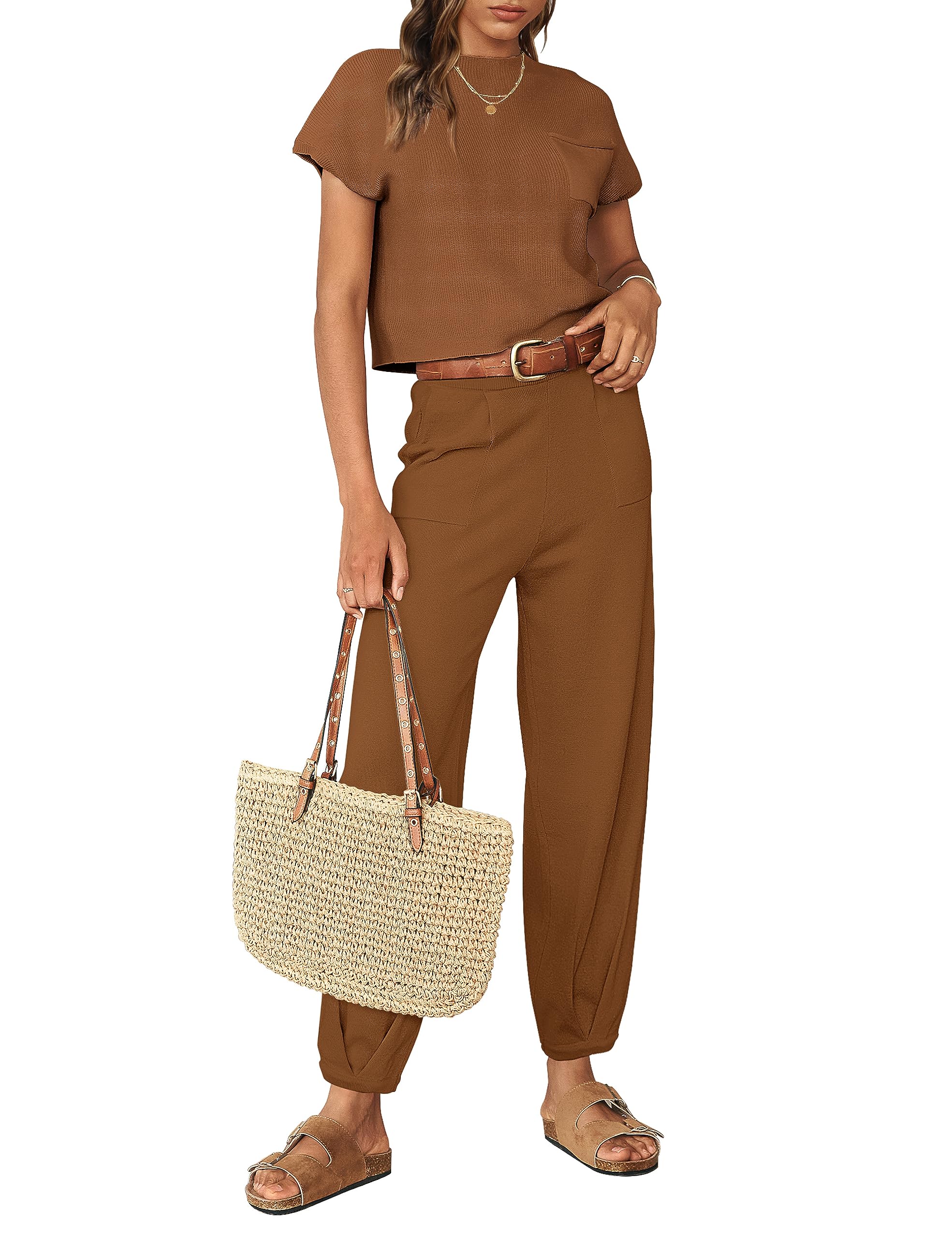 MEROKEETY Women Two Piece Outfits Sweater Sets Knit Pullover Tops High