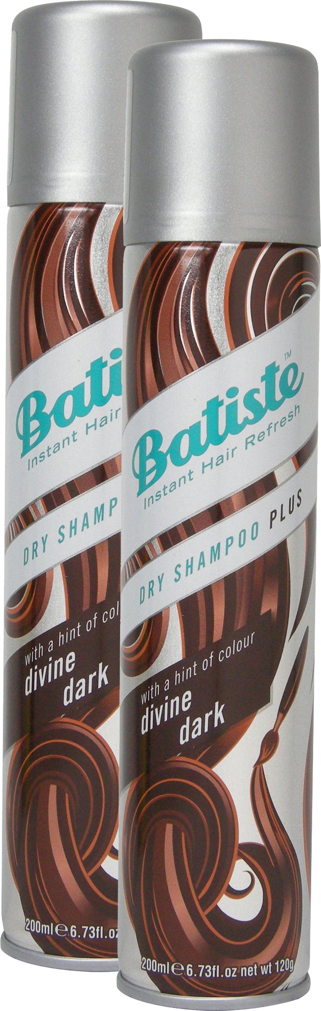 Batiste dry shampoo divine dark dry shampoo with a gentle hint of colour for black and dark brown hair, fresh hair for all hair types, pack of 2 (2 x 200 ml).