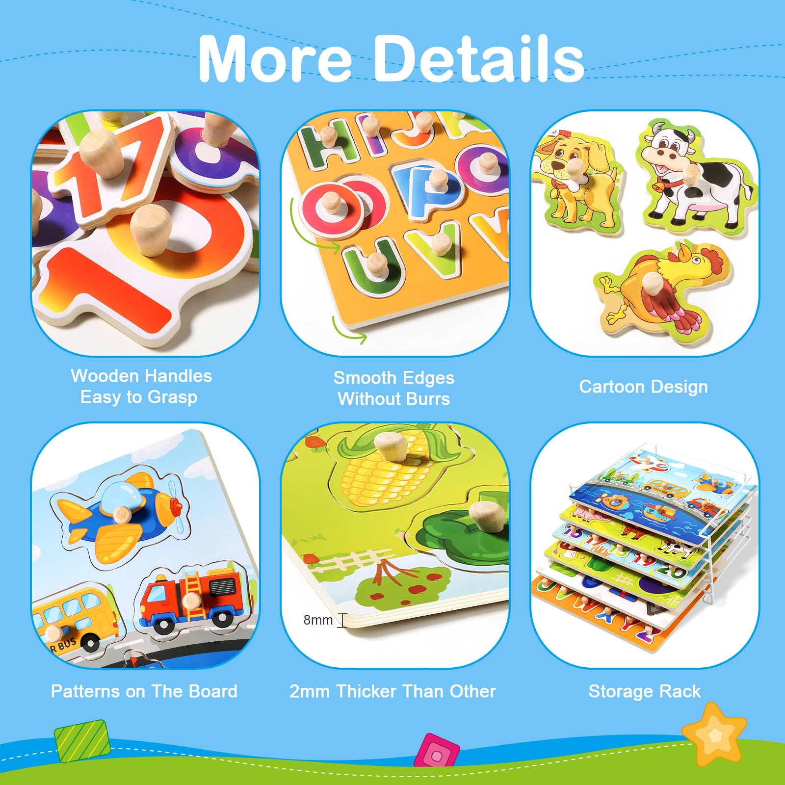 Wooden Puzzles for Toddlers 1-3, 6 Pack Peg Puzzles with Wire Puzzle Holder Rack for Kids, Learning Educational Puzzles for Baby Puzzles 12-18 Months, Alphabet Number Animal Vehicle Montessori Toys