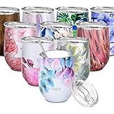 THILY Stainless Steel Insulated Wine Tumbler Stemless Wine Glass with Lid and Straw, Splash-proof, Cute Travel Cup for Coffee, Cocktails, Christmas Gift for Women, Mother, Wife, Girls, Pink Lilies