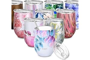 THILY Stainless Steel Insulated Wine Tumbler - Stemless Wine Glass with Lid and Straw, Splash-Proof, Cute Travel Cup for Coff