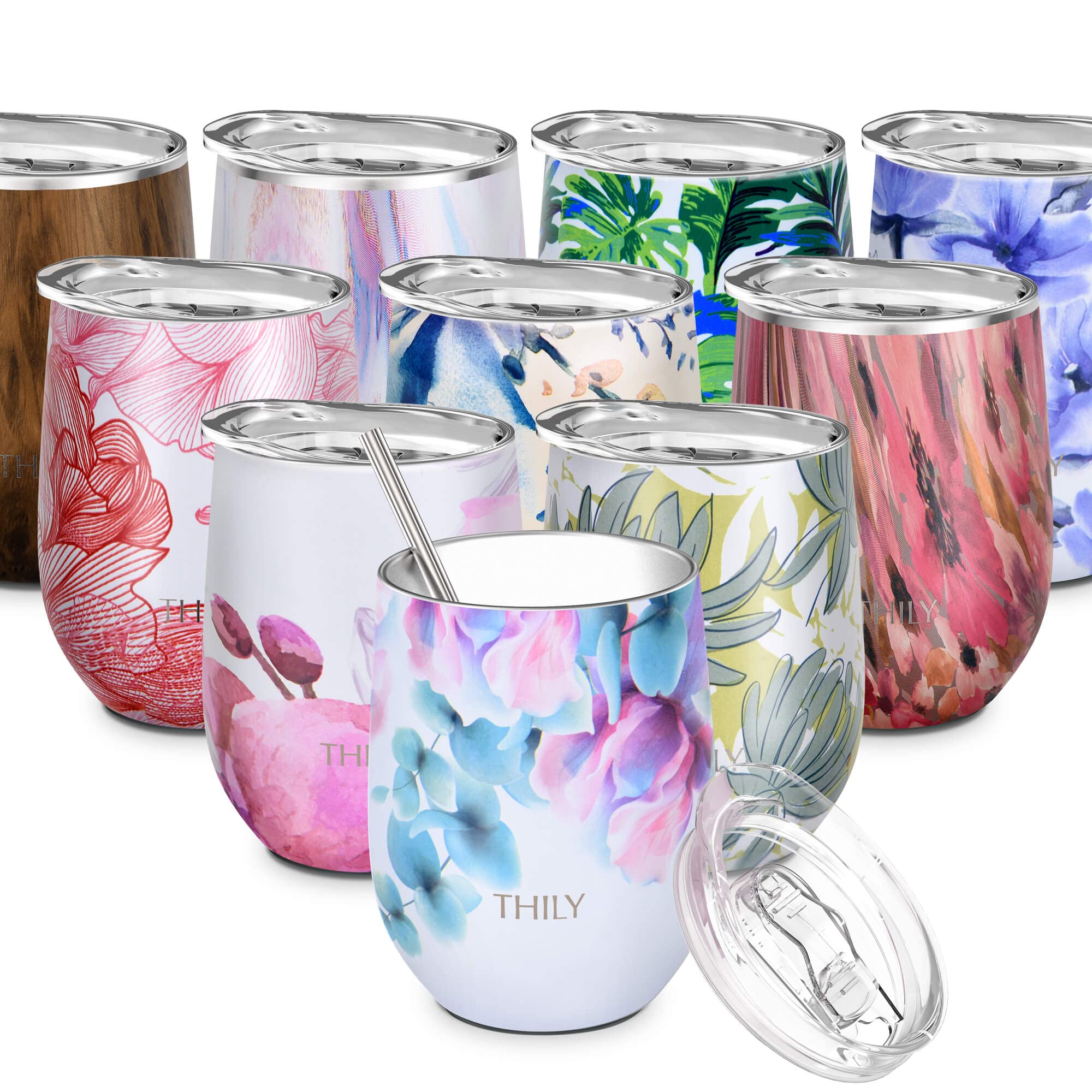 THILY Stainless Steel Insulated Wine Tumbler Stemless Wine Glass with Lid and Straw, Splash-Proof, Cute Travel Cup for Coffee, Cocktails, for Women, Mother, Wife, Girls, Pink Lilies