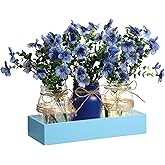 Honeydak 9 Pcs Mason Jar Centerpiece for Dining Room Table with Farmhouse Wood Tray, 3 Mason Jars with Artificial Flowers, and 2 LED Light for Room Kitchen Living Bathroom Wedding (Calla Lily)