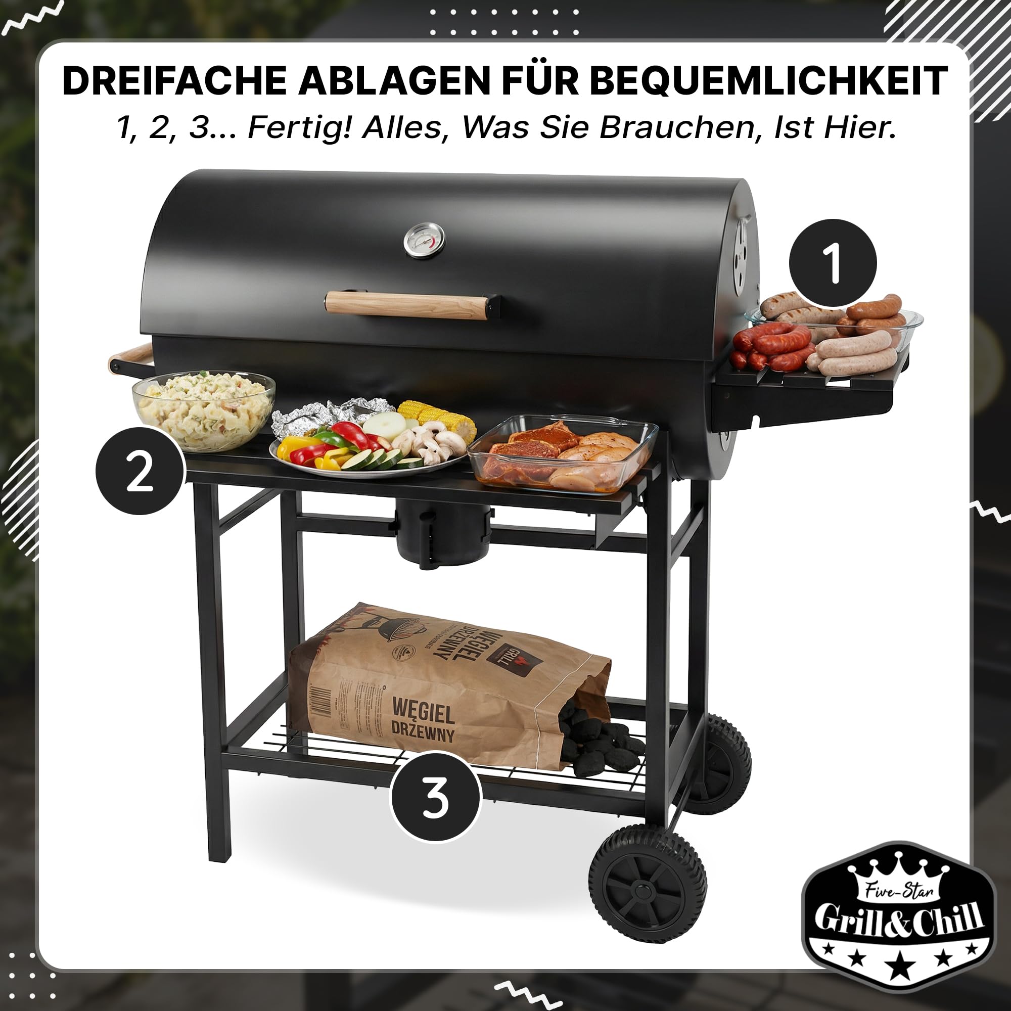 Five-Star Grill&Chill Holzkohlegrill mit Deckel – Großer Grillwagen mit Chromrost 71×35 cm & Thermometer – Für Garten & Terrasse – Aschekasten, Lüftungsöffnungen, 2 Räder 8