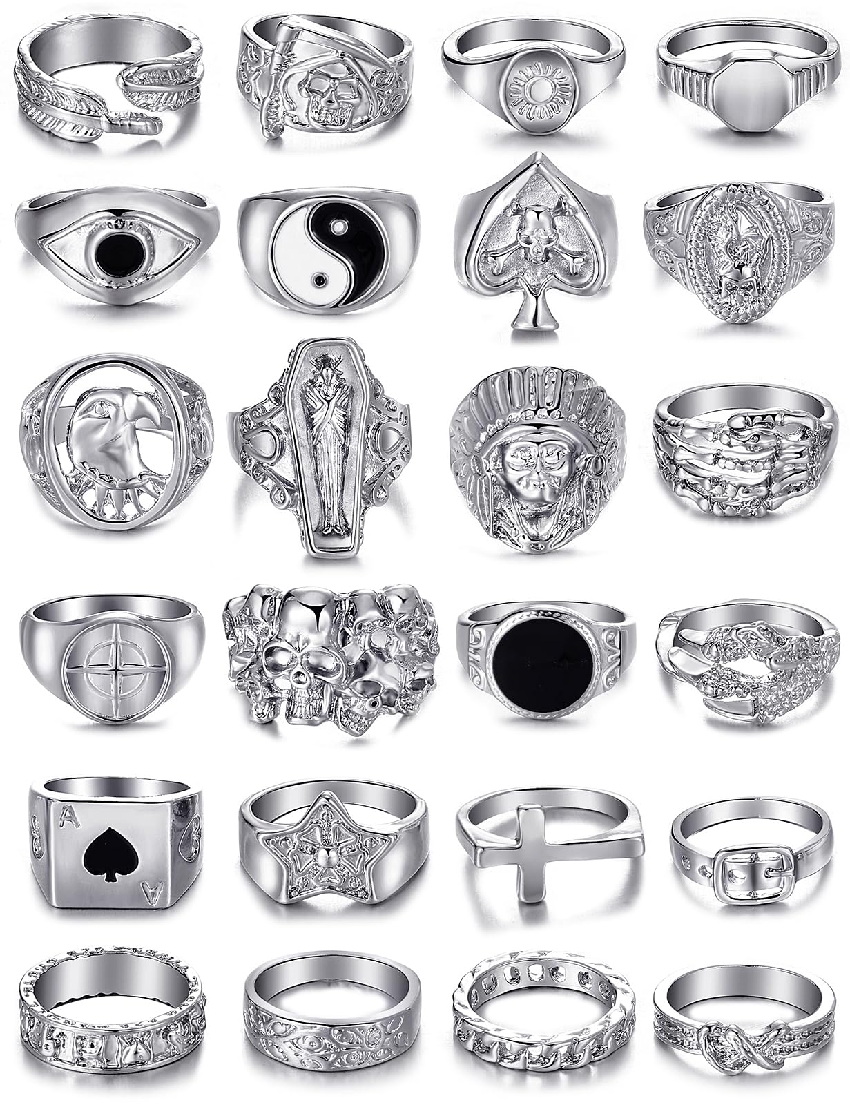 Vintage Silver Punk Rings Set for Men, Cool Gothic Chunky Rings Bulk ...