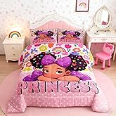 Castle Fairy African American Black Girl Comforter Set Twin Size,Pink Black Princess Girls Bedding Set,Cute Glitter Kids Quilt Set Teens Flower Star Colorful Dots Reversible Print Duvet Insert 2Pcs