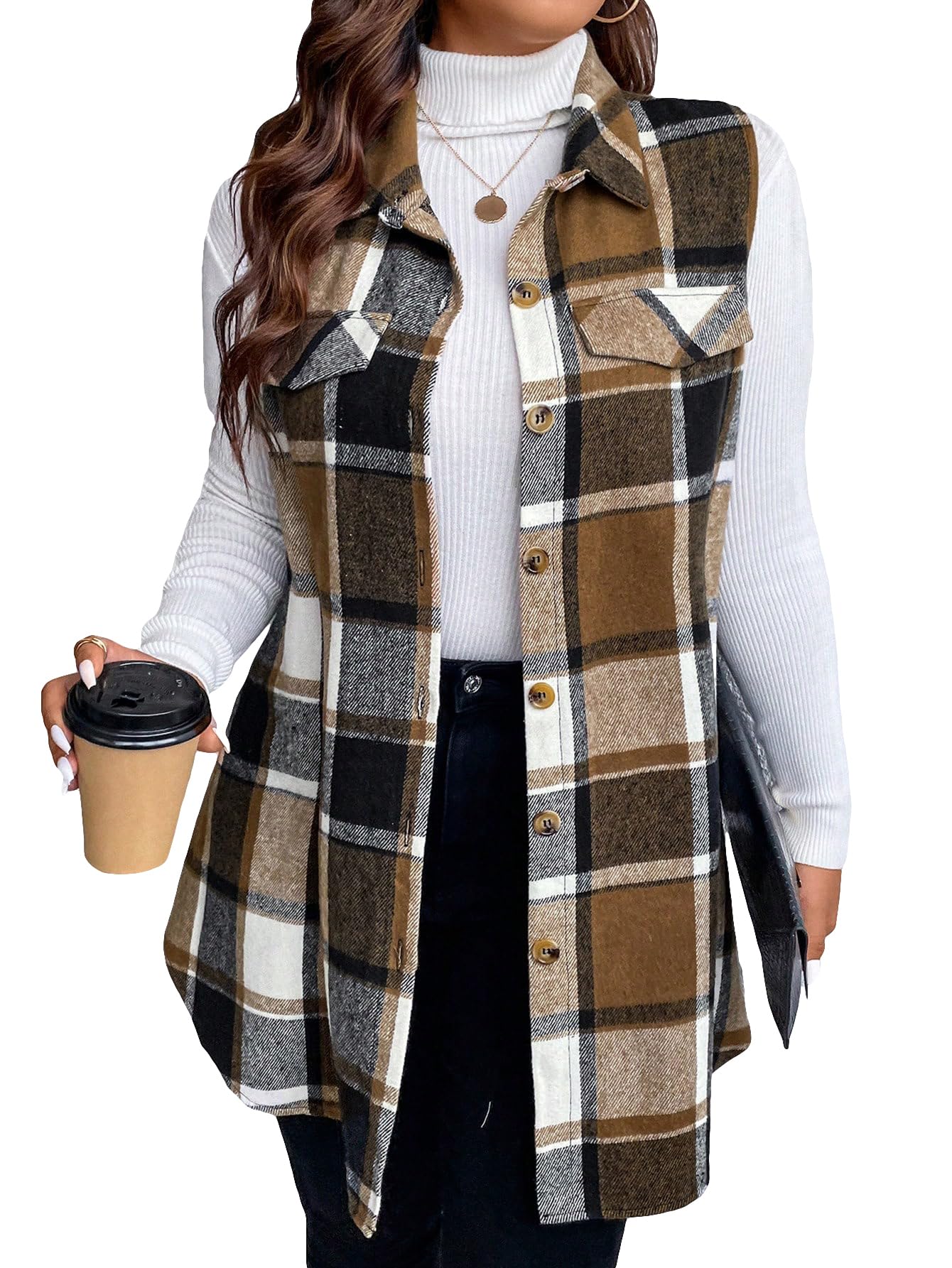 MakeMeChic Women's Plus Size Plaid Vest Coat Button Down Sleeveless ...